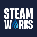 Logo Steamworks_Logo wit - blauwe achtergrond